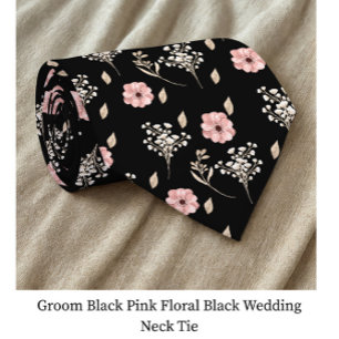 Gravata Casamento Preto-Cor-de-Rosa-Floral Negra