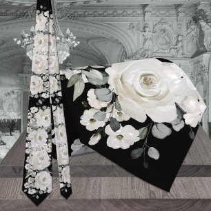 Gravata Casamento Preto Floral Branco