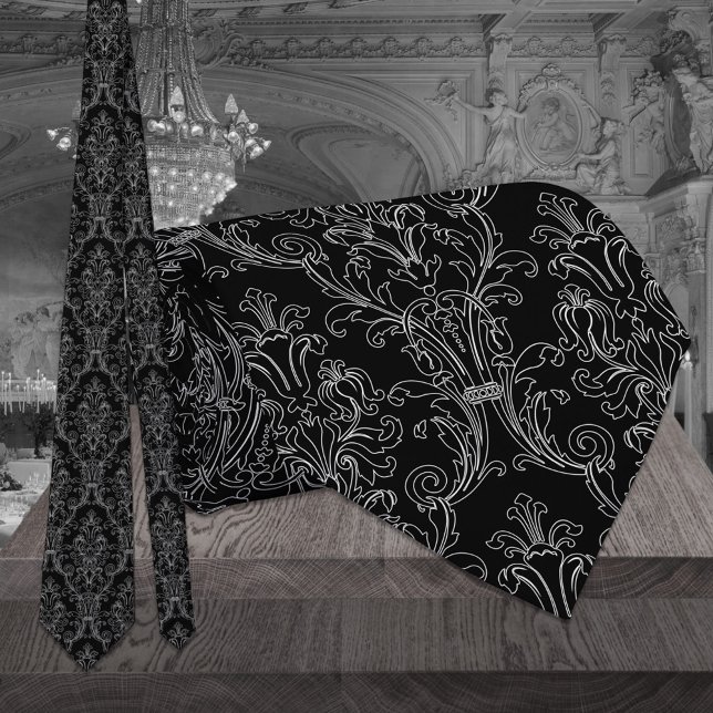 Gravata Casamento tema damasco Floral de Contorno Preto e  (Criador carregado)