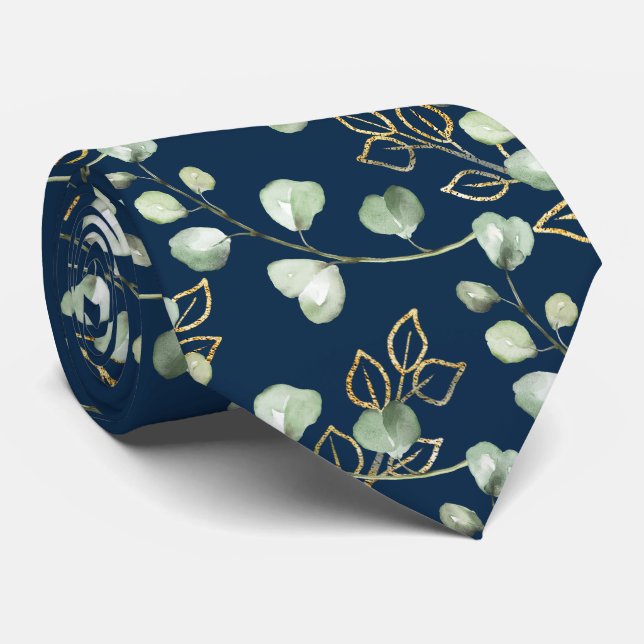 Gravata Casamento Verde Salvia e Ouro Eucalipto Azul-Marin (Rolled)