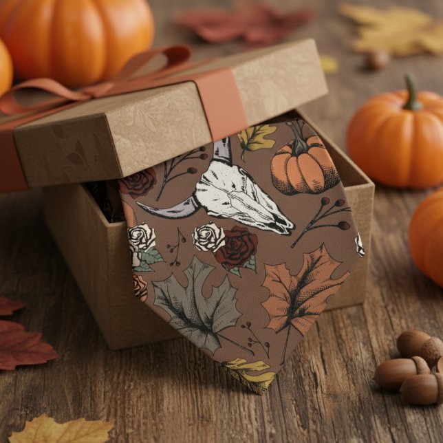Gravata Castanho, Western Bull, País Crânio (Modern Brown Thanksgiving Foliage Mens Tie. Fall Harvest, Cow Skull, Leaves Autumn Colors Pattern.)