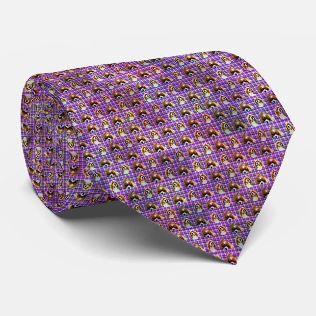 Gravata Cavalier Spaniels em Xadrez Roxo, (Rolled)