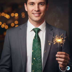 Gravata Celebração de Ano Novo Verde Dourado Fogos de Arti