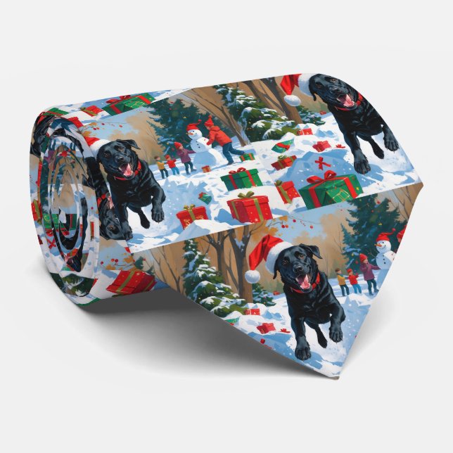 Gravata Cena de Natal com Labrador Preto na Neve  (Rolled)