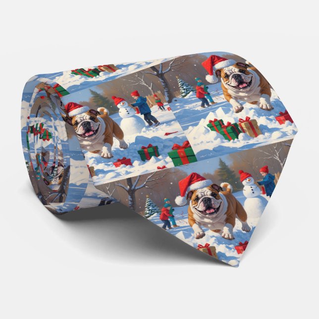 Gravata Cena de Natal com Neve do Bulldog Festivo (Rolled)