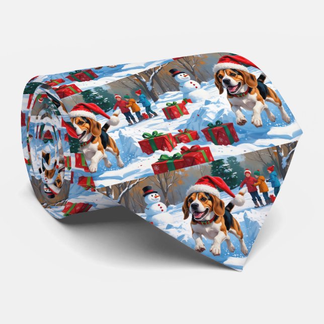 Gravata Cena de Neve de Natal do Beagle Festivo (Rolled)
