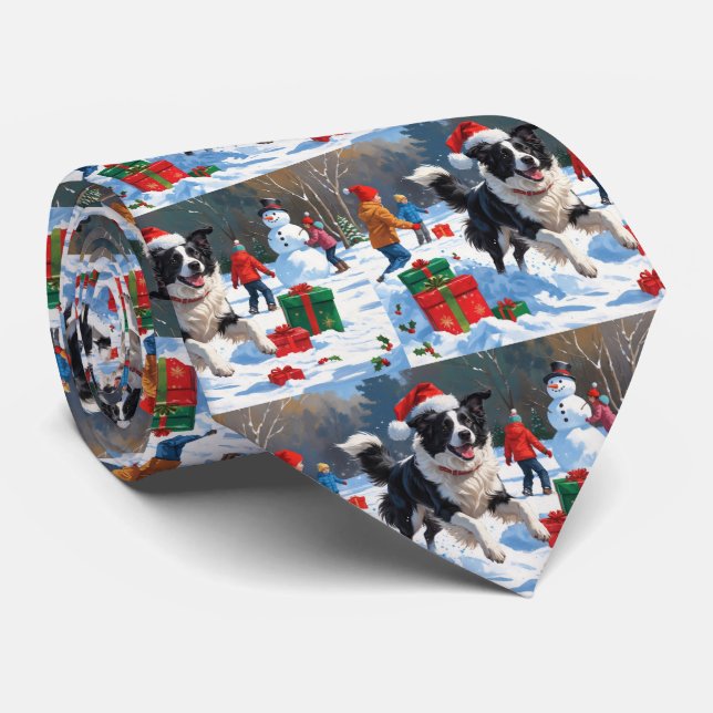 Gravata Cena de Neve Festiva da Borda Collie Christmas (Rolled)