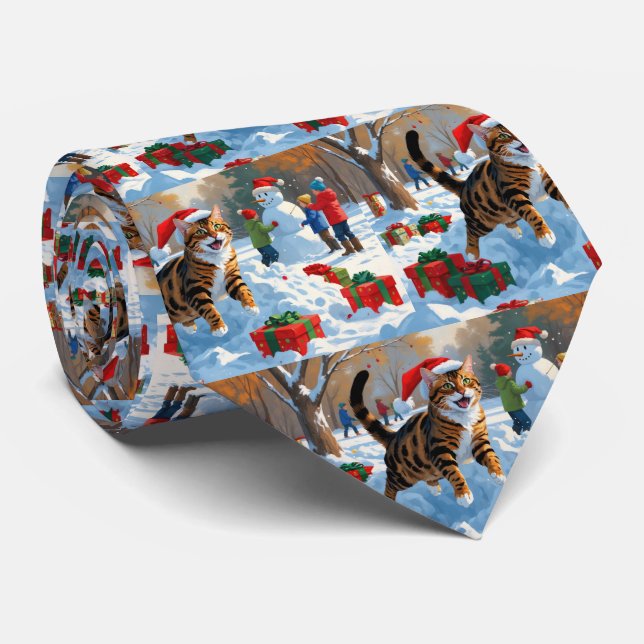 Gravata Cena de neve festiva de Natal com gato Bengal (Rolled)
