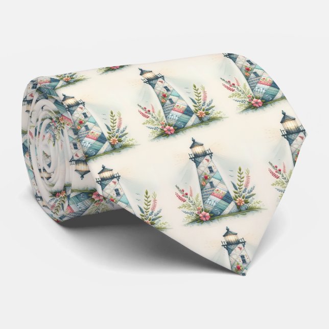Gravata Cena Floral de Farol Costeiro em Patchwork (Rolled)