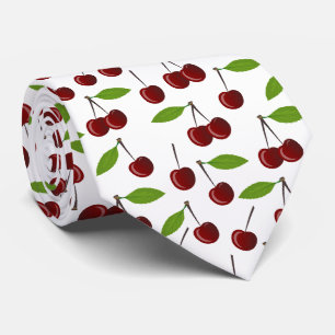 Gravata Cereja Vermelha, Padrão De Cerejas, Folhas, Fruta