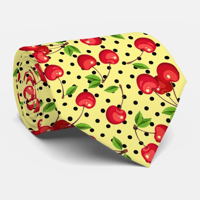 Gravata Cerejas Rockabilly Bolinhas em Amarelo (Rolled)