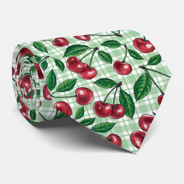 Gravata Cerejas vermelhas em gingham verde-claro (Rolled)