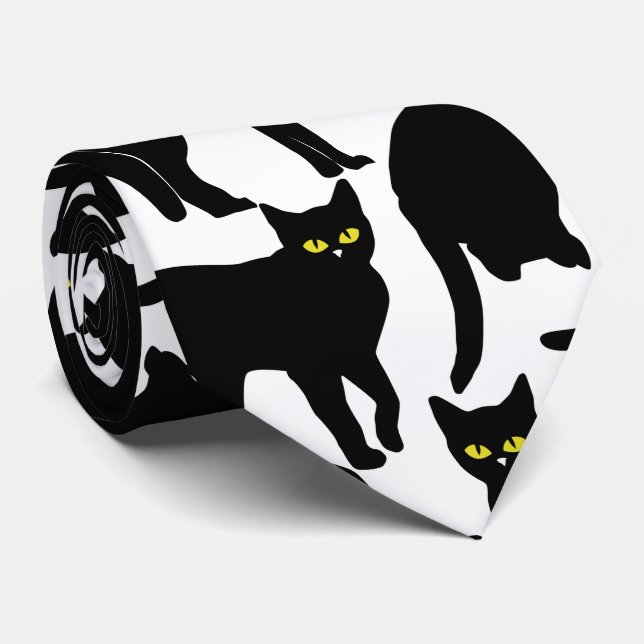 Gravata Chats Noirs sur Fond Blanc (Rolled)