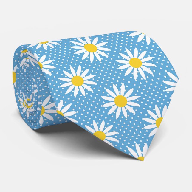 Gravata Cheerful Powder Blue Retro Daisy Flower Polka Dot  (Rolled)