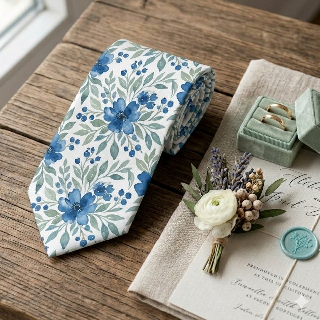 Gravata Chic Com Arte Floral Azul E Verde Oliva (Criador carregado)