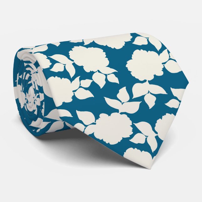 Gravata Chic vavy azul e branco padrão floral (Rolled)