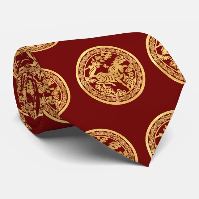 Gravata Chinese Horse gold paper-cut style red Tie (Rolled)