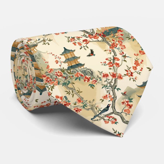 Gravata Chinoiserie Elegante - Pagodes, Flores e Pássaros (Rolled)