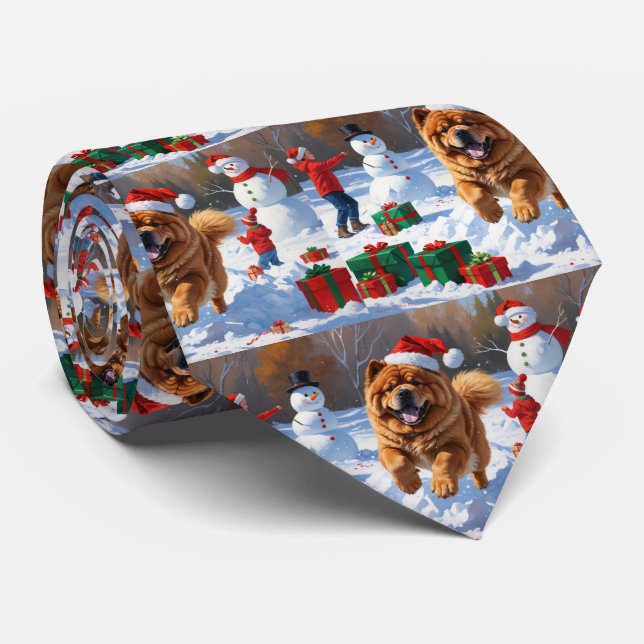 Gravata Chow Chow Correndo na Neve com Chapéu de Natal (Rolled)