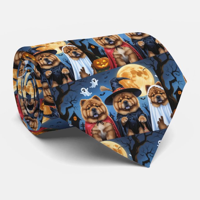 Gravata Chow Chow Dog Pumpkin Halloween Engraçado (Rolled)