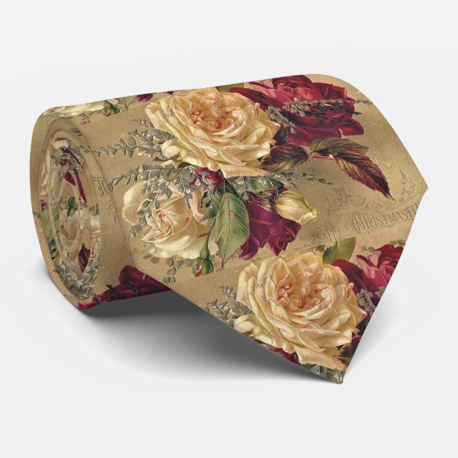 Gravata Christmas Rose Floral Dourado e Burgundy  (Rolled)