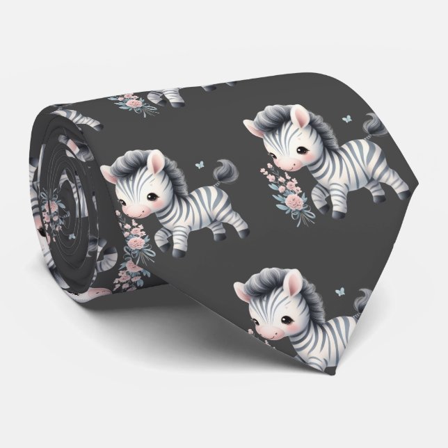 Gravata Cinza Black and White Modern Kawaii Cute Zebras (Rolled)