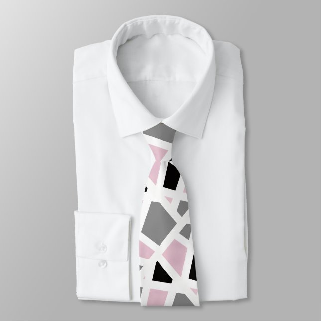 Gravata Cinza rosa - Preto - Branco Geométrico (Amarrado)