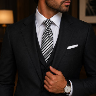Gravata Clássico Elegante Preto com Listras Diagonais 