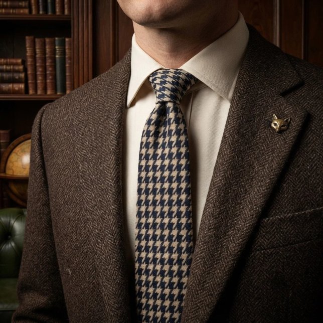 Gravata Clássico Houndstooth Azul Marinho e Marfim para Ca (Criador carregado)