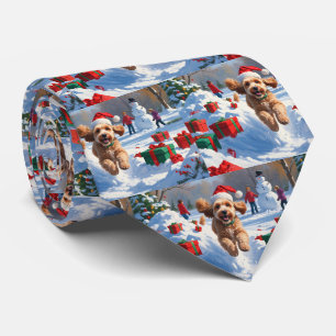 Gravata Cockapoo Correndo na Neve com Chapéu de Natal