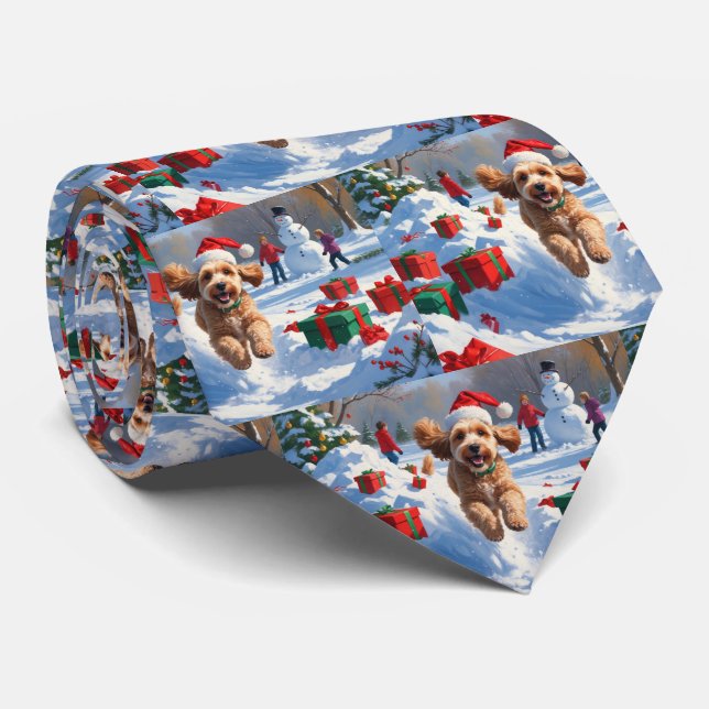 Gravata Cockapoo Correndo na Neve com Chapéu de Natal (Rolled)