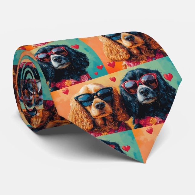 Gravata Cocker Spaniel Com Rosas do Coração Dia dos Namora (Rolled)