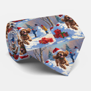 Gravata Cocker Spaniel Correndo na Neve com Chapéu de Nata