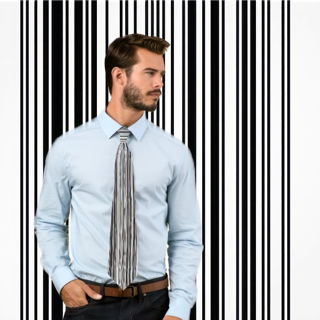 Gravata Código de barras Torneio Vertical Striped (Preto e (Man wears a tie with a barcode stripes pattern (black and white vertical stripes.))