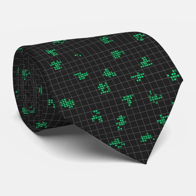 Gravata Código de Matriz Pixelada Retro Preto e Verde (Rolled)