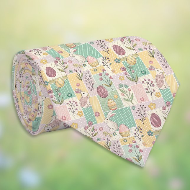 Gravata Coelhinhos de Páscoa em Patchwork Pastel Ovos e Xa (Criador carregado)