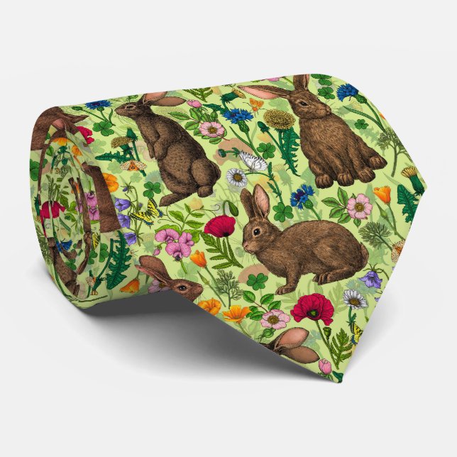 Gravata Coelhos e flores silvestres em verde de melada (Rolled)