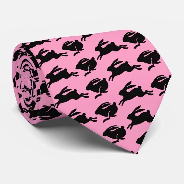Gravata Coelhos Pretos Saltando Moda Páscoa Rosa (Rolled)