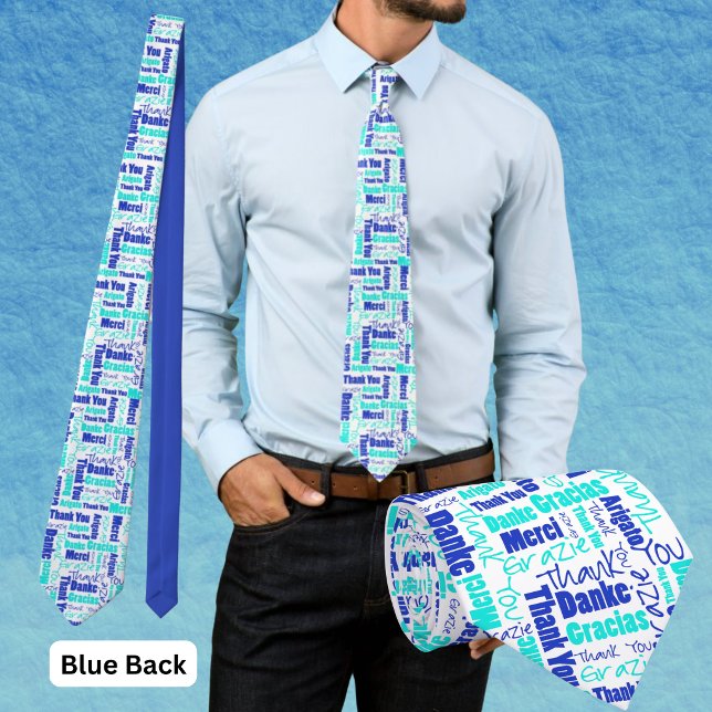 Gravata Colagem de Tipografia Multilíngue de Agradecimento (Blue and turquoise multilingual thank you polyester tie with blue back. )
