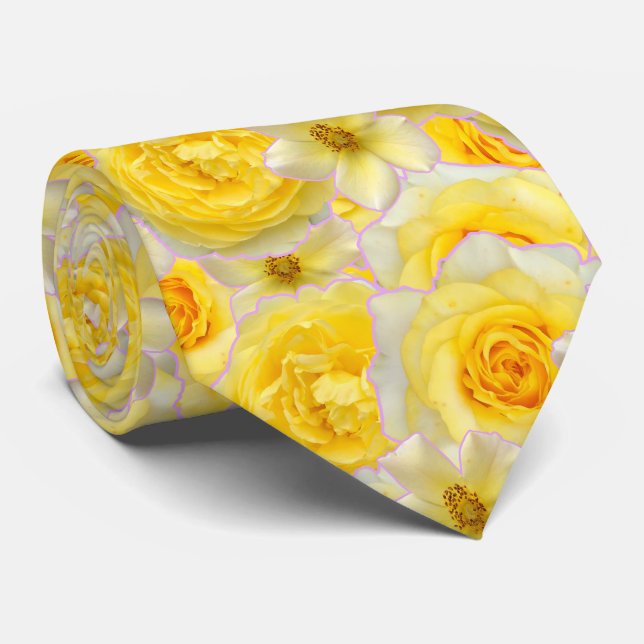 Gravata Colagem Floral Amarelo-Branco de Flores de Grande  (Rolled)