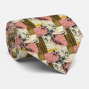 Gravata Colagem Grunge Vintage Magenta Mostarda Preto Crem