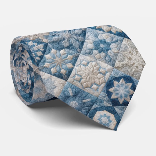 Gravata Colcha de Floco de Neve Azul e Branco (Rolled)