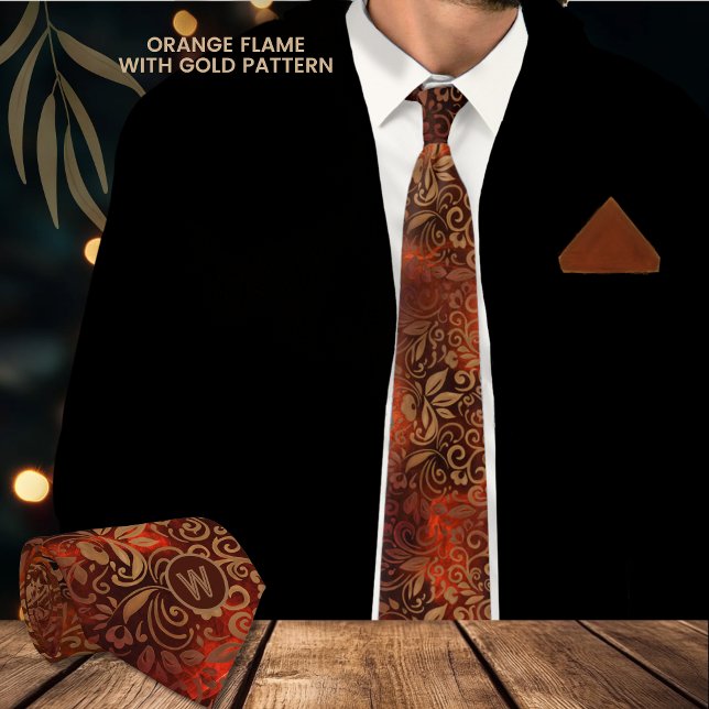 Gravata Coletor Flame Laranja com Padrão Floral Dourado (Orange Flame Necktie with Gold Floral Pattern )