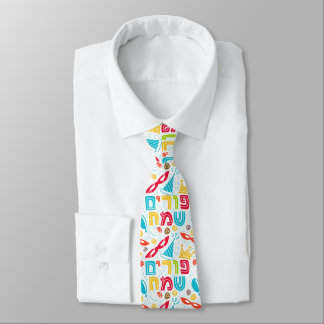 Gravata Colorful Tie with Hebrew "Happy Purim" Text