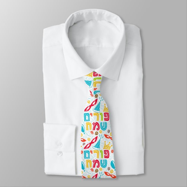 Gravata Colorful Tie with Hebrew "Happy Purim" Text (Amarrado)
