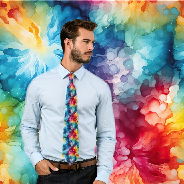 Gravata Colorida Colorful Tie-Dye Pattern Neck Tie (Man wears a rainbow tie dye necktie.  Background matches tie.)