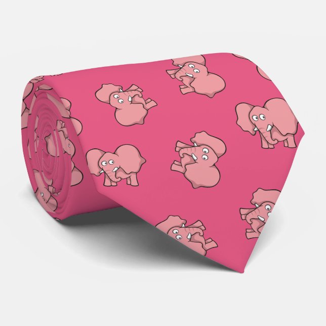 Gravata Coluna de Cartoon de Elefante Rosa (Rolled)