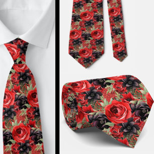 Gravata Coluna Floral do Pescoço Vermelho e Gótico Negro