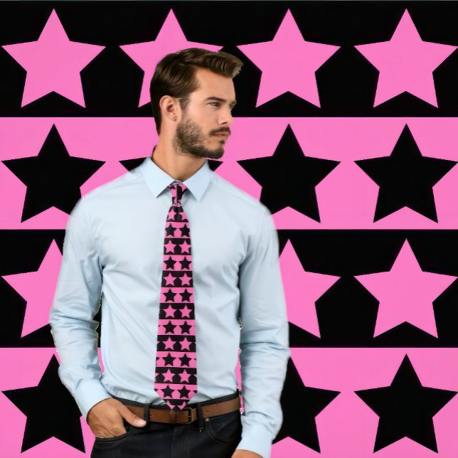 Gravata Coluna rosa quente e preta riscada (padrão estelar (Man wears a necktie with an alternating pattern of hot pink and black stars and stripes.)