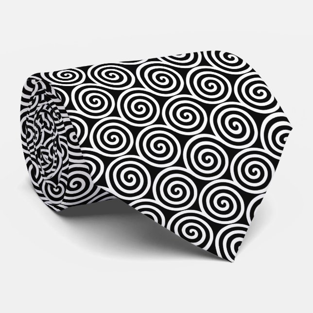 Gravata com Círculos em Espiral Abstratos em Preto (Rolled)